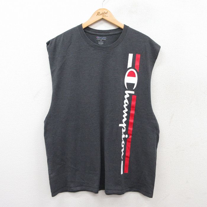 【50%OFF】XL★古着 チャンピオン Champion ノースリーブ Tシャツ メンズ ビッグロゴ 大きいサイズ クルーネック 濃グレー 25jul19 中古