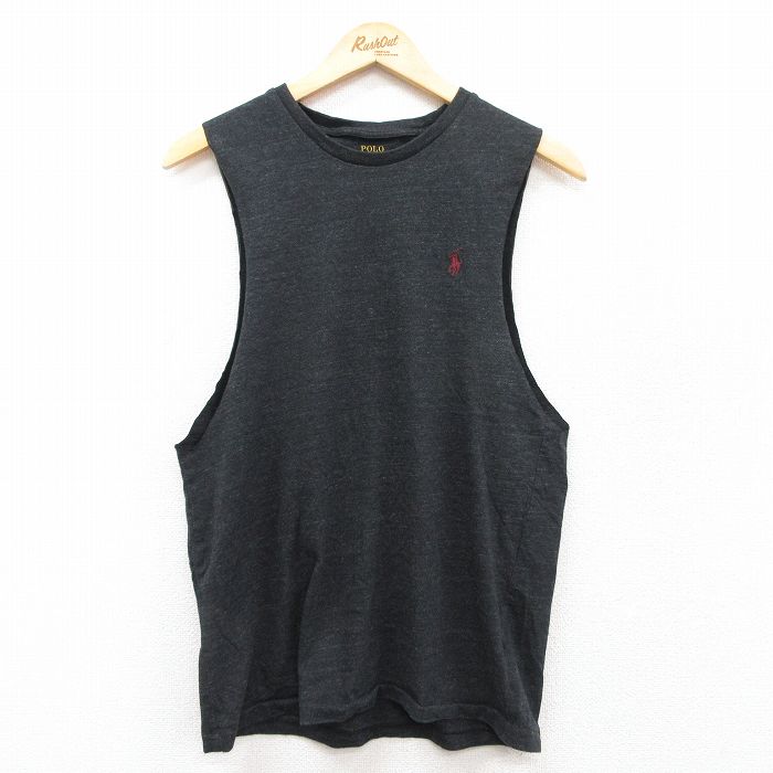 M★古着 ラルフローレン Ralph Lauren ノースリーブ ブランド Tシャツ メンズ ワンポイントロゴ コットン クルーネック 黒 ブラック 霜降り 25jul19 中古