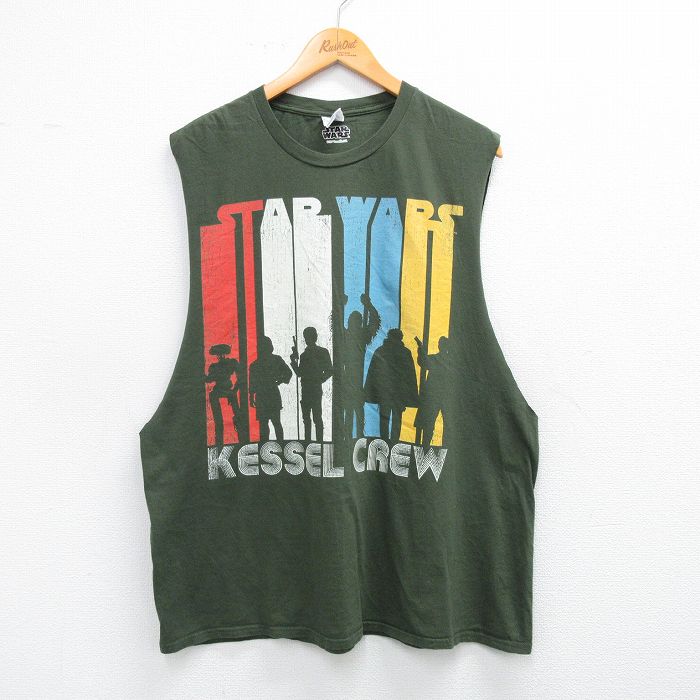 XL★古着 ノースリーブ Tシャツ メンズ スターウォーズ STAR WARS 大きいサイズ コットン クルーネック 濃緑 グリーン 25jul22 中古