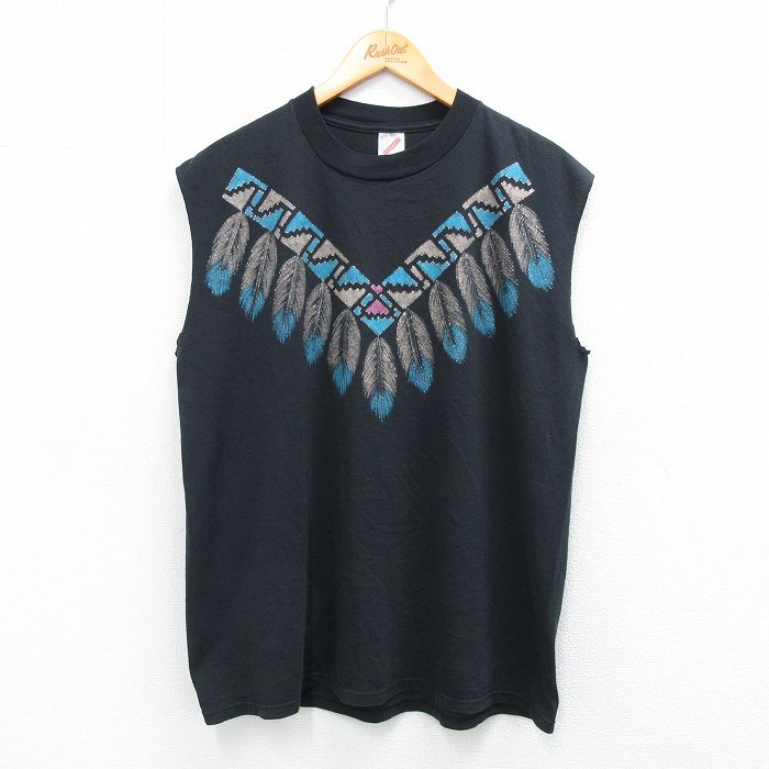 【20%OFF】XL★古着 ジャージーズ ノースリーブ ビンテージ Tシャツ メンズ 90年代 90s 羽 クルーネック USA製 黒 ブラック 25jul22 中古