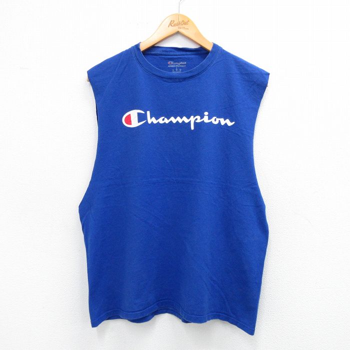 チャンピオン ノースリーブTシャツ ビッグロゴ ブルー L | 古着