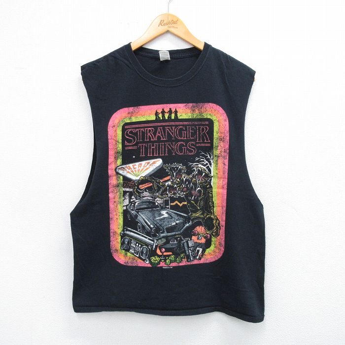 L★古着 ノースリーブ Tシャツ メンズ アニメ ストレンジャーシングス コットン クルーネック 黒 ブラック 25jul22 中古