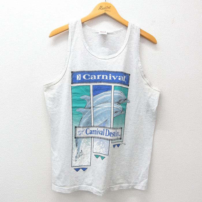 L★古着 ビンテージ タンクトップ メンズ 90年代 90s イルカ カーニバル クルーネック USA製 薄グレー 霜降り 25jul23 中古