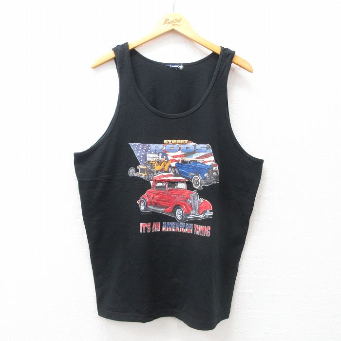 XL★古着 タンクトップ メンズ 車 ホットロッド HOT ROD 星条旗 クルーネック 黒 ブラック 25jul25 中古