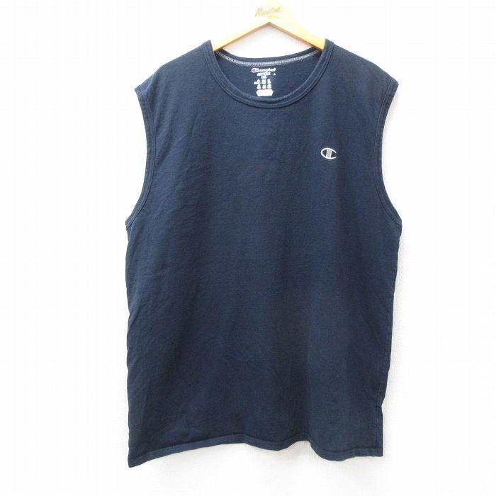 チャンピオン ノースリーブTシャツ ワンポイントロゴ ネイビー XL | 古着
