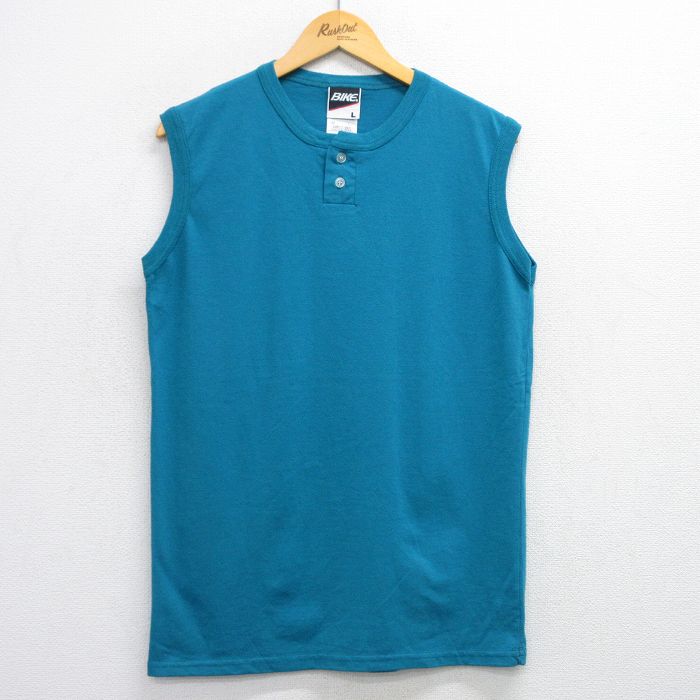 【50%OFF】L★古着 ノースリーブ ビンテージ Tシャツ メンズ 90年代 90s BIKE 無地 ヘンリーネック 水色 25jul25 中古