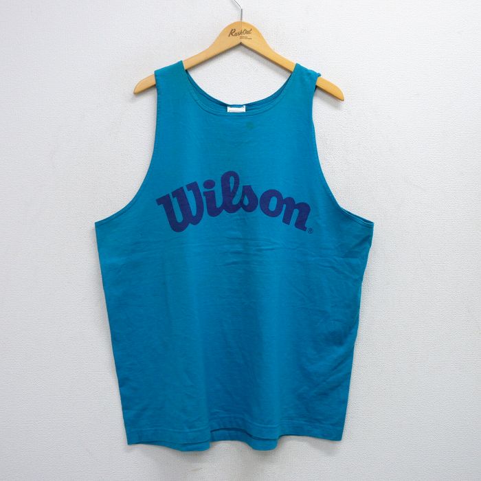 【50%OFF】XL★古着 ウィルソン ビンテージ タンクトップ メンズ 90年代 90s ビッグロゴ 大きいサイズ ロング丈 コットン クルーネック USA製 水色 25jul25 中古