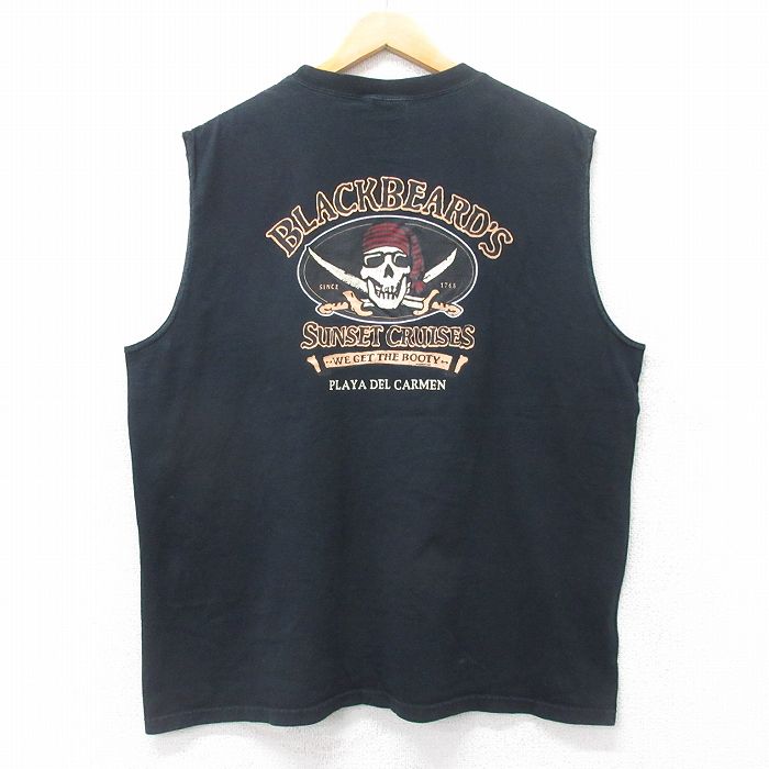 【20%OFF】XL★古着 ノースリーブ ビンテージ Tシャツ メンズ 00年代 00s BLACKBEARDS スカル 大きいサイズ コットン クルーネック 黒 ブラック 25jul25 中古