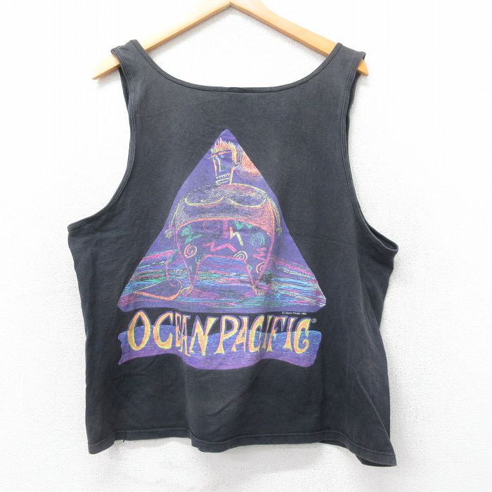XL★古着 オーシャンパシフィック OP ビンテージ タンクトップ メンズ 90年代 90s ビッグロゴ アート 大きいサイズ コットン クルーネック USA製 黒 ブラック 【spe】 25jul25 中古