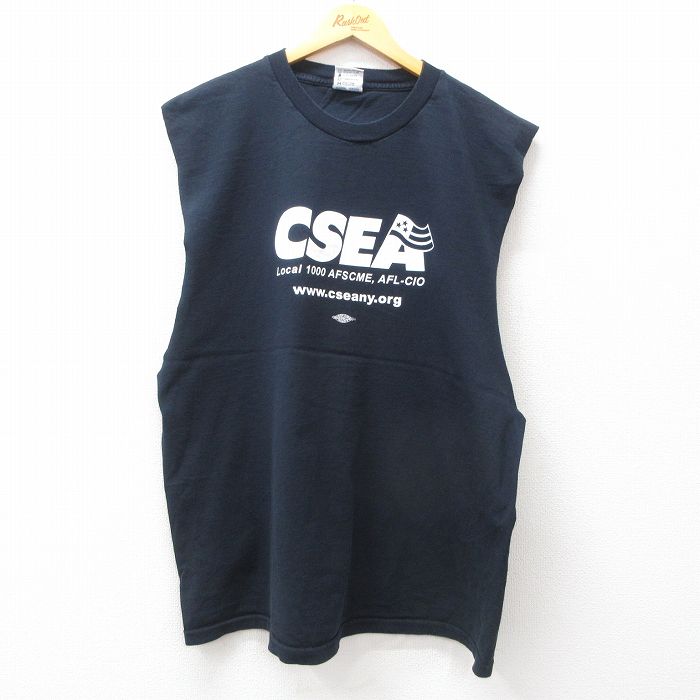 【20%OFF】XL★古着 ノースリーブ ビンテージ Tシャツ メンズ 90年代 90s CSEA 大きいサイズ ロング丈 コットン クルーネック USA製 濃紺 ネイビー 25jul26 中古