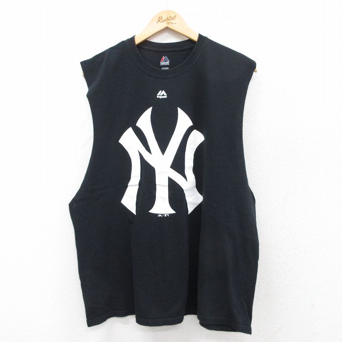 XL★古着 マジェスティック ノースリーブ Tシャツ メンズ MLB ニューヨークヤンキース クルーネック 黒 ブラック メジャーリーグ ベースボール 野球 25jul26 中古