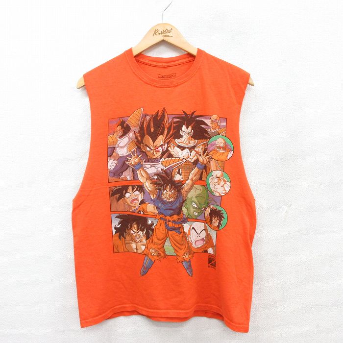【50%OFF】L★古着 ノースリーブ Tシャツ メンズ アニメ ドラゴンボール コットン クルーネック オレンジ 25jul26 中古
