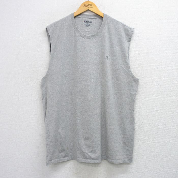 【20%OFF】XL★古着 チャンピオン champion ノースリーブ Tシャツ メンズ ワンポイントロゴ 大きいサイズ クルーネック グレー 霜降り 25jul29 中古