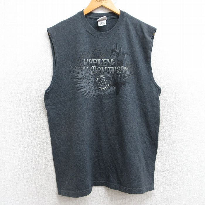 L★古着 ハーレーダビッドソン Harley Davidson ノースリーブ Tシャツ メンズ バイク クルーネック USA製 濃グレー 霜降り 25aug08 中古