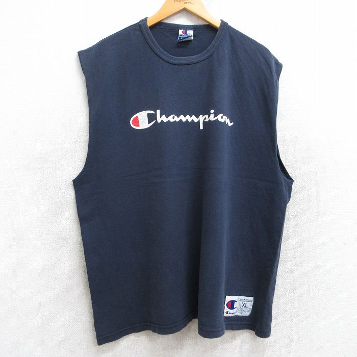 XL★古着 チャンピオン champion ノースリーブ ビンテージ Tシャツ メンズ 90年代 90s ビッグロゴ 大きいサイズ コットン クルーネック USA製 紺 ネイビー 【spe】 25aug08 中古