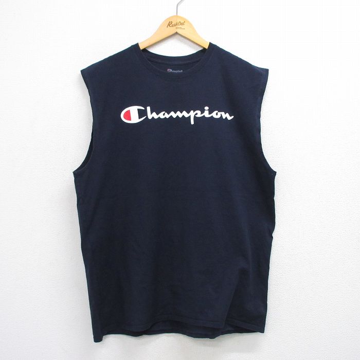チャンピオン ノースリーブTシャツ ビッグロゴ ネイビー XL | 古着