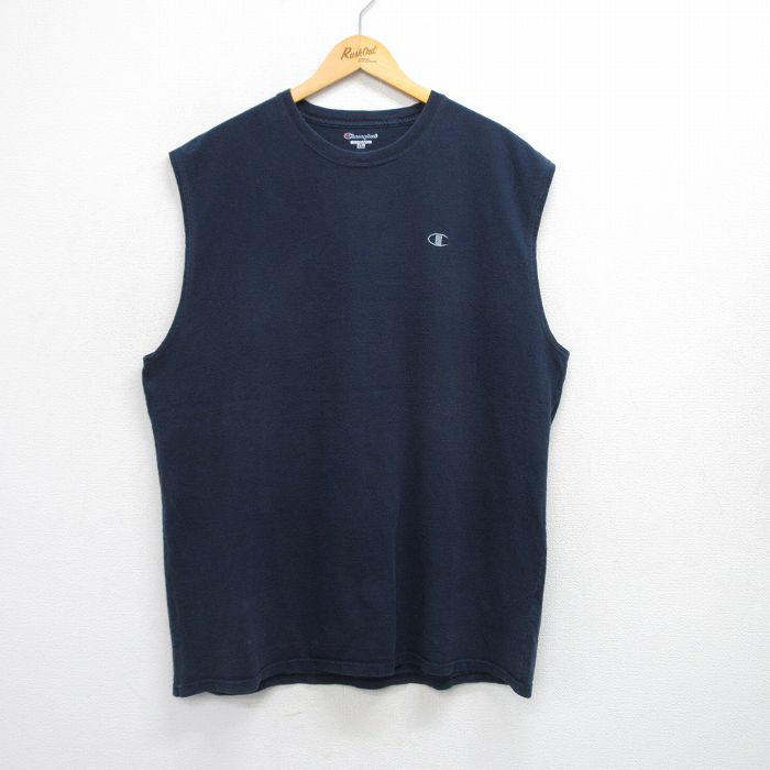 チャンピオン ノースリーブTシャツ ワンポイントロゴ ネイビー XL | 古着