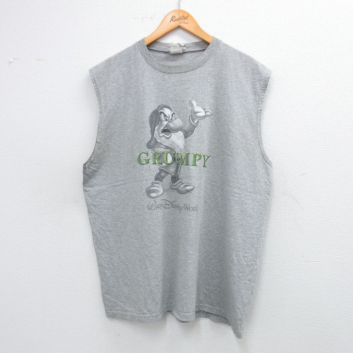 XL★古着 ノースリーブ ビンテージ Tシャツ メンズ 00年代 00s ディズニー DISNEY しらゆきひめ 7人の小人 七人のこびと グランピー コットン クルーネック グレー 霜降り 25aug12 中古