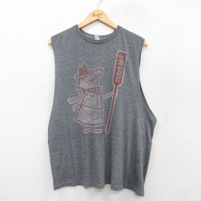 L★古着 ノースリーブ Tシャツ メンズ 男性 ピザ クルーネック グレー 霜降り 25aug13 中古
