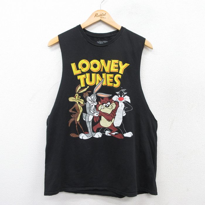 L★古着 ノースリーブ Tシャツ メンズ ルーニーテューンズ LOONEY TUNES バッグスバニー タズ シルベスター 両面プリント コットン クルーネック 黒 ブラック 25aug13 中古