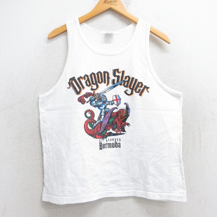 【50%OFF】L★古着 ビンテージ タンクトップ メンズ 90年代 90s ドラゴン 騎士 コットン クルーネック 白 ホワイト 25aug13 中古