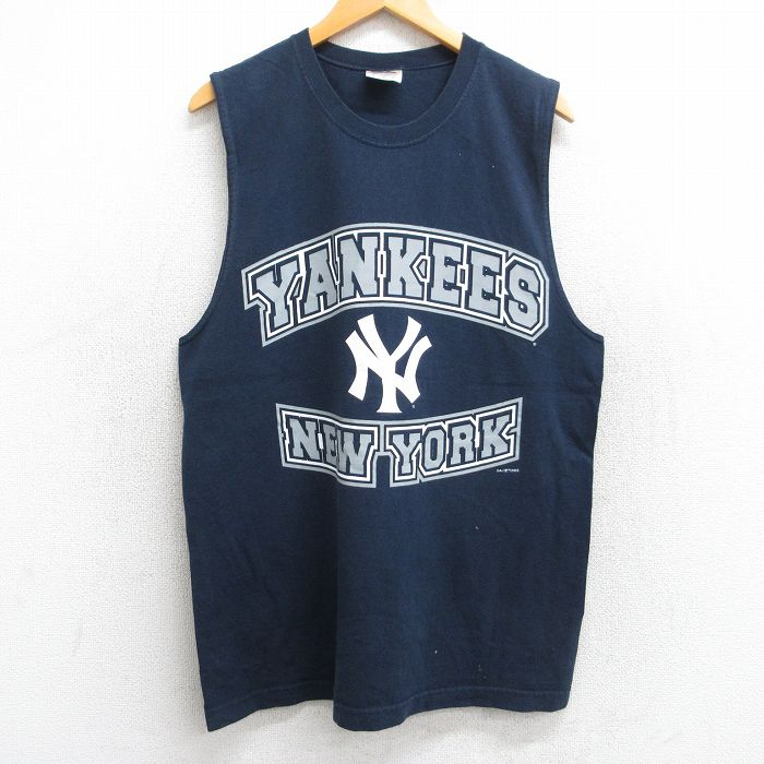 L★古着 ノースリーブ ビンテージ Tシャツ メンズ 00年代 00s MLB ニューヨークヤンキース コットン クルーネック 紺 ネイビー メジャーリーグ ベースボール 野球 25aug13 中古