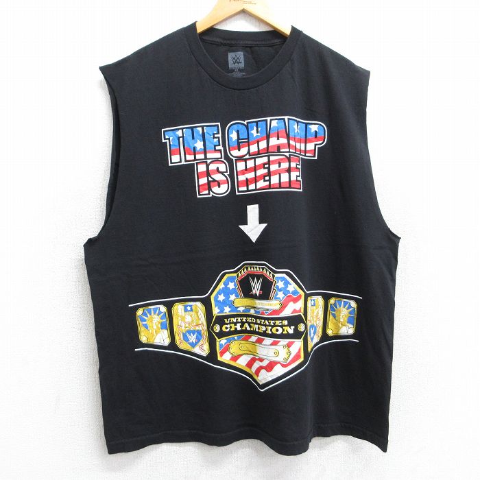 XL★古着 ノースリーブ Tシャツ メンズ ワールドプロレスリング ジョンシナ チャンピオンベルト 大きいサイズ コットン クルーネック 黒 ブラック 25aug13 中古