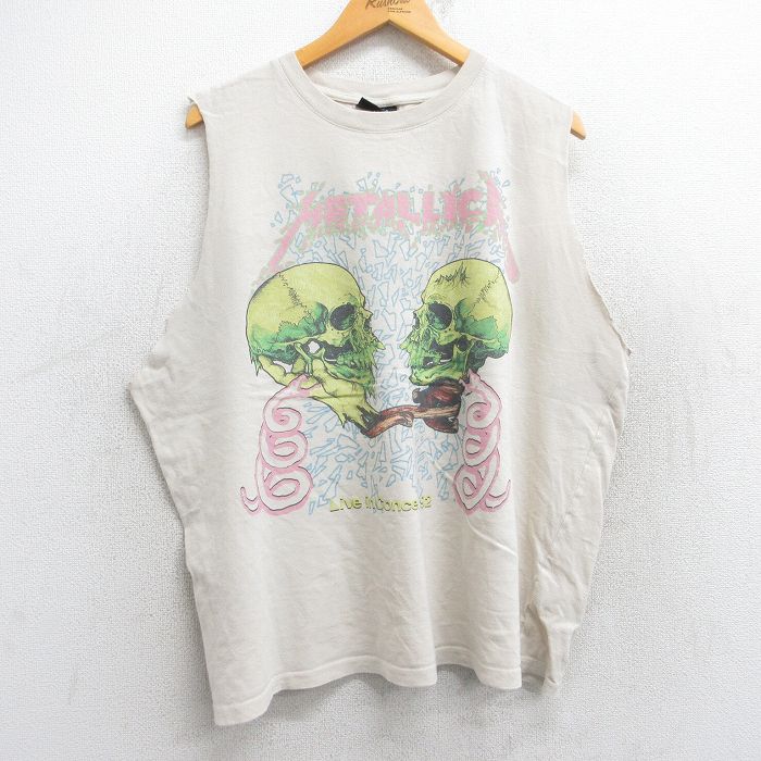 【50%OFF】XL★古着 ノースリーブ ロック バンド Tシャツ メンズ メタリカ パスヘッド 大きいサイズ コットン クルーネック 薄ベージュ カーキ 【spe】 25aug13 中古