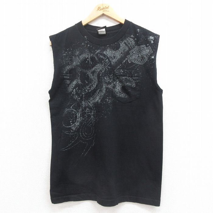 M★古着 ハーレーダビッドソン Harley Davidson ビンテージ ノースリーブ Tシャツ メンズ 00年代 00s スカル 胸ポケット付き USA製 黒 ブラック 【spe】 25aug13 中古