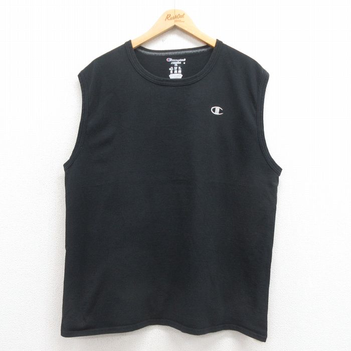 XL★古着 チャンピオン Champion ノースリーブ Tシャツ メンズ ワンポイントロゴ コットン クルーネック 黒 ブラック 25aug18 中古