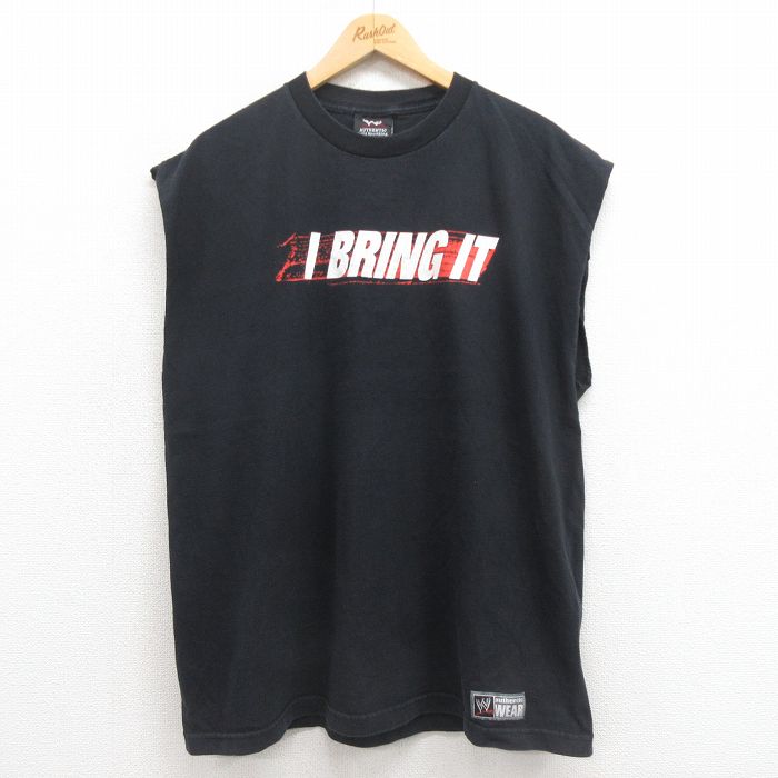 XL★古着 ノースリーブ Tシャツ メンズ ワールドプロレスリング I BRING IT コットン クルーネック 黒 ブラック 25aug18 中古