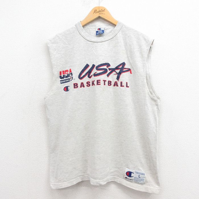 XL★古着 チャンピオン Champion ビンテージ ノースリーブ Tシャツ メンズ 90年代 90s NBA USAドリームチーム コットン クルーネック USA製 グレー 霜降り 25aug18 中古