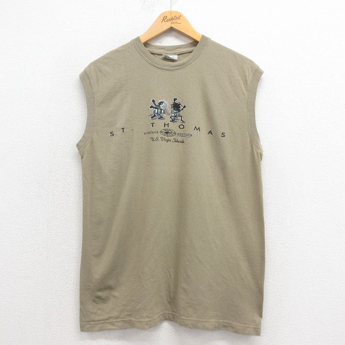 【50%OFF】L★古着 ビンテージ ノースリーブ Tシャツ メンズ 00年代 00s セントトーマス コットン クルーネック ベージュ系 カーキ 25aug18 中古