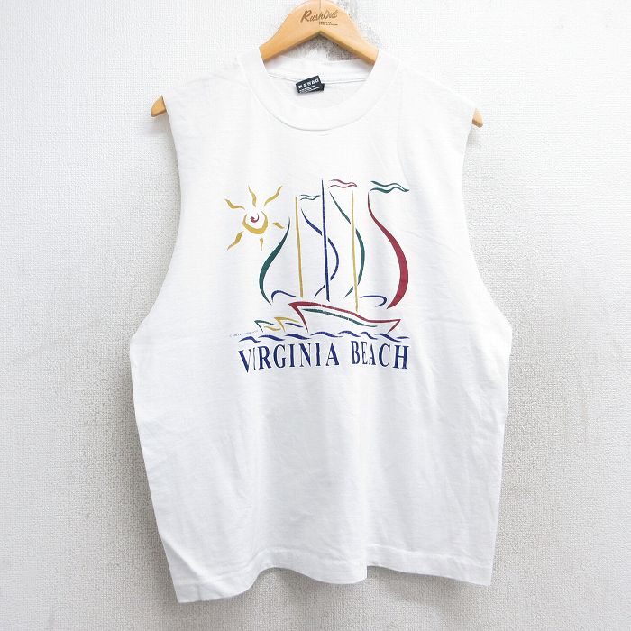 【50%OFF】L★古着 フルーツオブザルーム ノースリーブ ビンテージ Tシャツ メンズ 90年代 90s バージニアビーチ クルーネック USA製 白 ホワイト 25aug18 中古