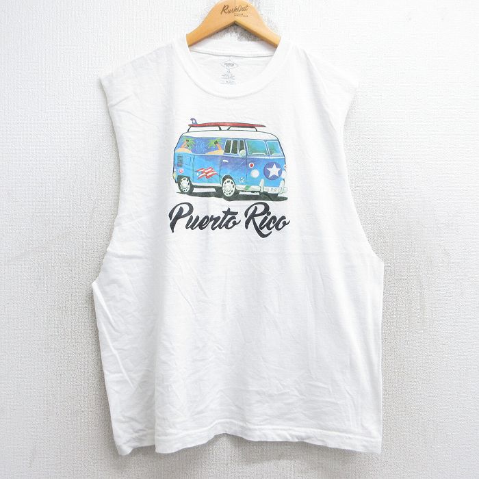 XL★古着 ノースリーブ Tシャツ メンズ 車 コットン クルーネック 白 ホワイト 25aug18 中古