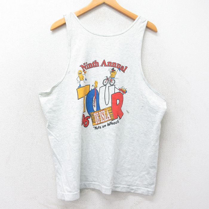XL★古着 フルーツオブザルーム ビンテージ タンクトップ メンズ 90年代 90s NUTS ON WHEELS クルーネック USA製 薄グレー 霜降り 25aug20 中古