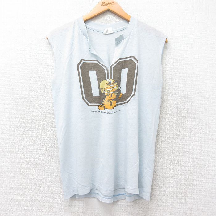 M★古着 ノースリーブ ビンテージ Tシャツ メンズ 70年代 70s ガーフィールド 染込プリント クルーネック 薄紺 ネイビー 25aug20 中古