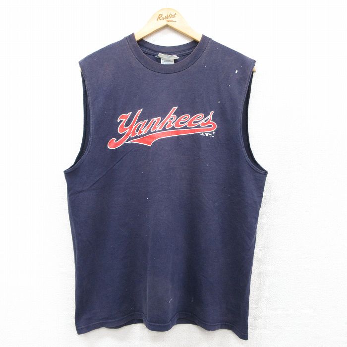 L★古着 アディダス adidas ノースリーブ ビンテージ Tシャツ メンズ 00年代 00s MLB ニューヨークヤンキース コットン クルーネック 紺 ネイビー メジャーリーグ ベースボール 野球 25aug22 中古