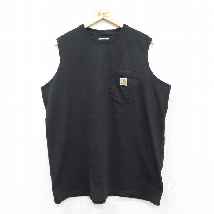 XL★古着 カーハート Carhartt ノースリーブ Tシャツ メンズ ワンポイントロゴ 胸ポケット付き 大きいサイズ コットン クルーネック 黒 ブラック 25aug23 中古