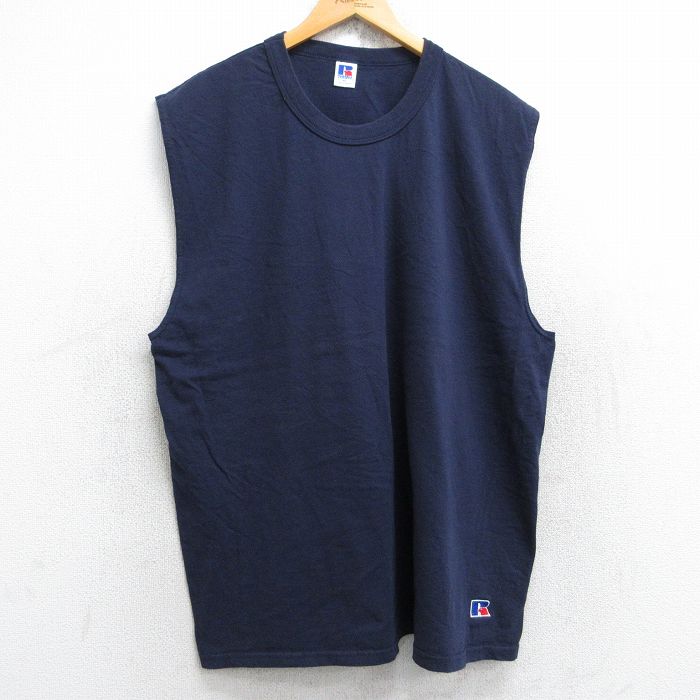 XL★古着 ラッセル ノースリーブ ビンテージ Tシャツ メンズ 90年代 90s ワンポイントロゴ 大きいサイズ コットン クルーネック 紺 ネイビー 25aug23 中古