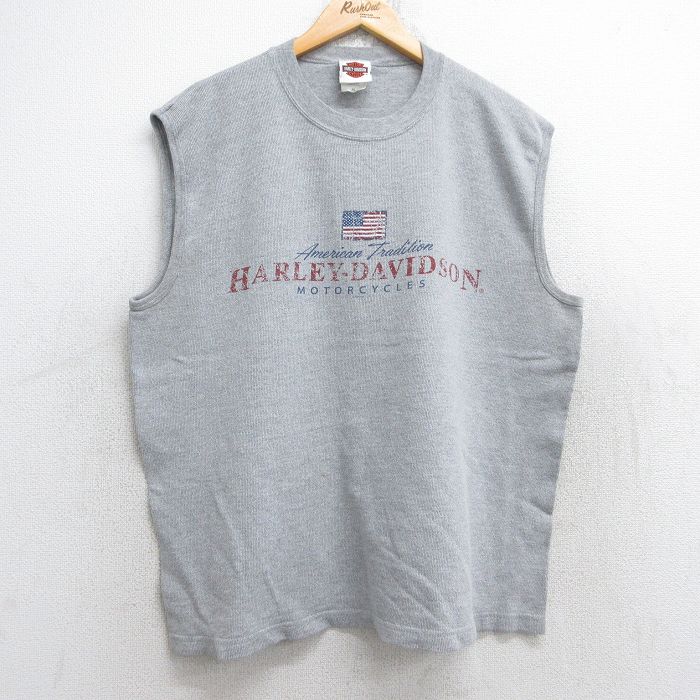 XL★古着 ハーレーダビッドソン Harley Davidson ノースリーブ ビンテージ Tシャツ メンズ 90年代 90s 星条旗 クルーネック USA製 グレー 霜降り 【spe】 25aug23 中古