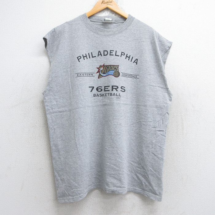 XL★古着 ノースリーブ ビンテージ Tシャツ メンズ 90年代 90s NBA フィラデルフィアセブンティシクサーズ 76ers 大きいサイズ クルーネック USA製 グレー 霜降り バスケットボール 25aug23 中古