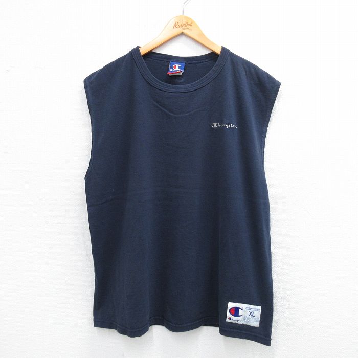 チャンピオン ノースリーブTシャツ ワンポイントロゴ ネイビー XL | 古着