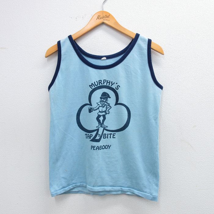 S★古着 ビンテージ タンクトップ メンズ 80年代 80s クローバー クルーネック USA製 水色 25aug23 中古