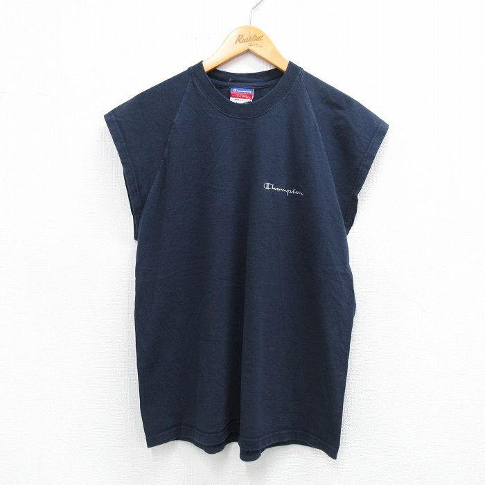 【50%OFF】L★古着 チャンピオン champion ノースリーブ ビンテージ Tシャツ メンズ 00年代 00s ワンポイントロゴ ラグラン コットン クルーネック 紺 ネイビー 25aug25 中古