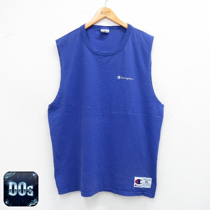 チャンピオン 00s ノースリーブTシャツ ワンポイントロゴ ブルー XL | 古着