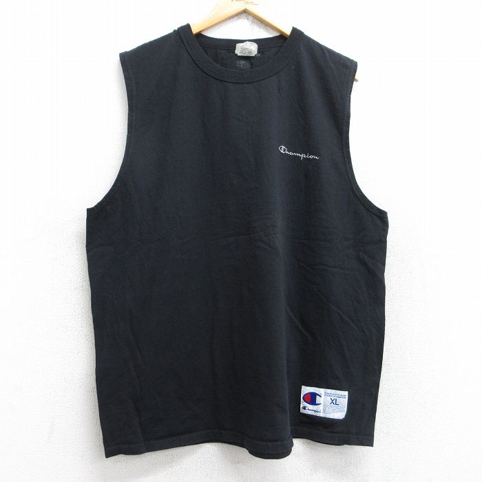 XL★古着 チャンピオン champion ノースリーブ Tシャツ メンズ ワンポイントロゴ 大きいサイズ コットン クルーネック 黒 ブラック 25aug25 中古