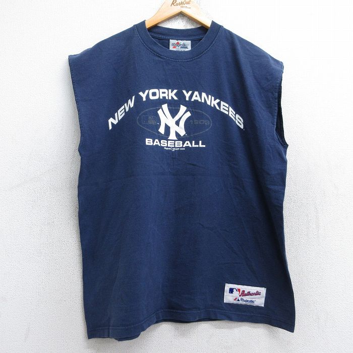 XL★古着 マジェスティック ノースリーブ ビンテージ Tシャツ メンズ 00年代 00s MLB ニューヨークヤンキース コットン クルーネック 紺 ネイビー メジャーリーグ ベースボール 野球 25aug28 中古