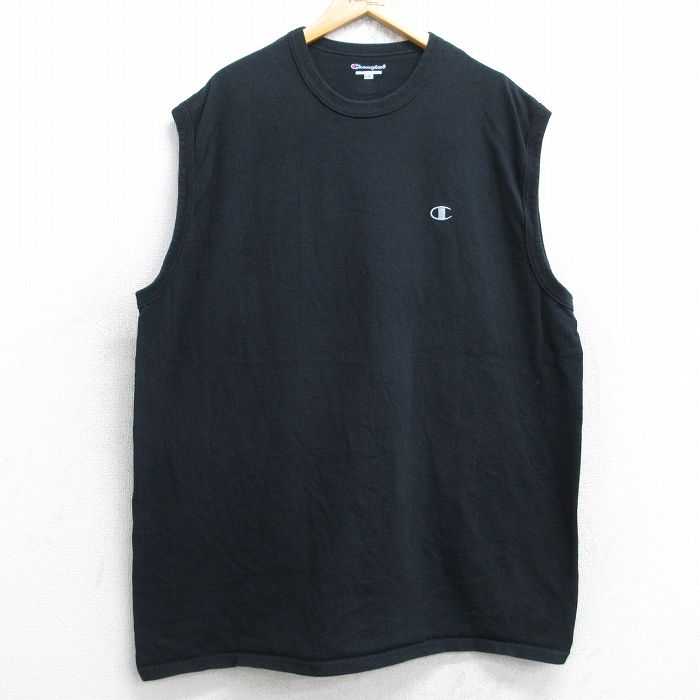 XL★古着 チャンピオン champion ノースリーブ Tシャツ メンズ ワンポイントロゴ 大きいサイズ ロング丈 コットン クルーネック 黒 ブラック 25aug28 中古