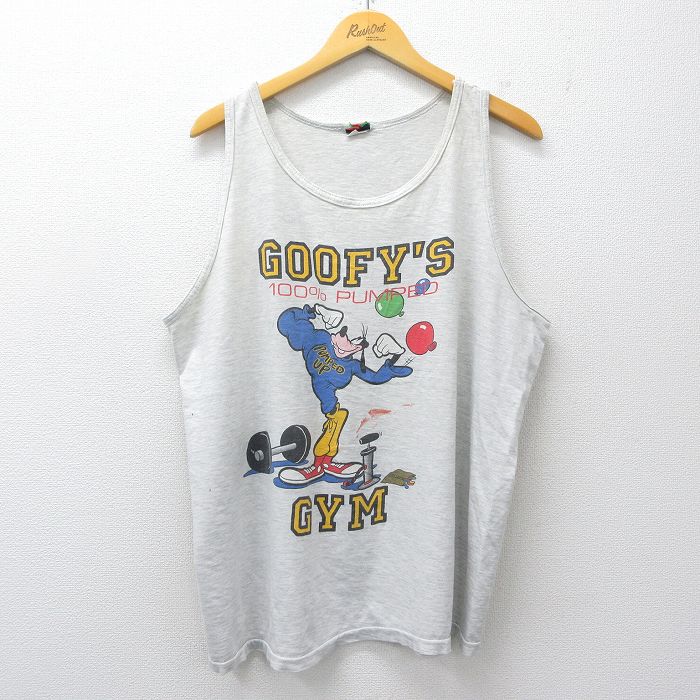 XL★古着 ビンテージ タンクトップ メンズ 90年代 90s ディズニー グーフィー ジム コットン クルーネック グレー 霜降り 26mar27